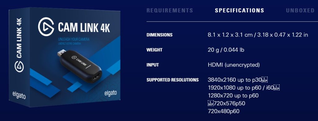 Elgato Cam Link 4K specs 2